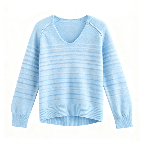 Light Blue V-Neck Sweater with Diagonal Stripes
