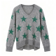Grey V-Neck Sweater with Green Star Pattern