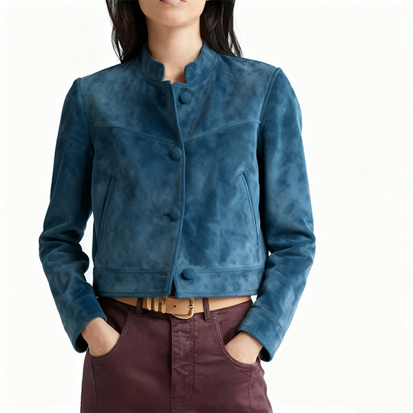 Teal Suede Mandarin Collar Cropped Jacket