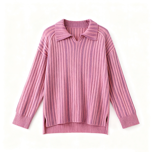 Pink Striped Polo-Collar Sweater