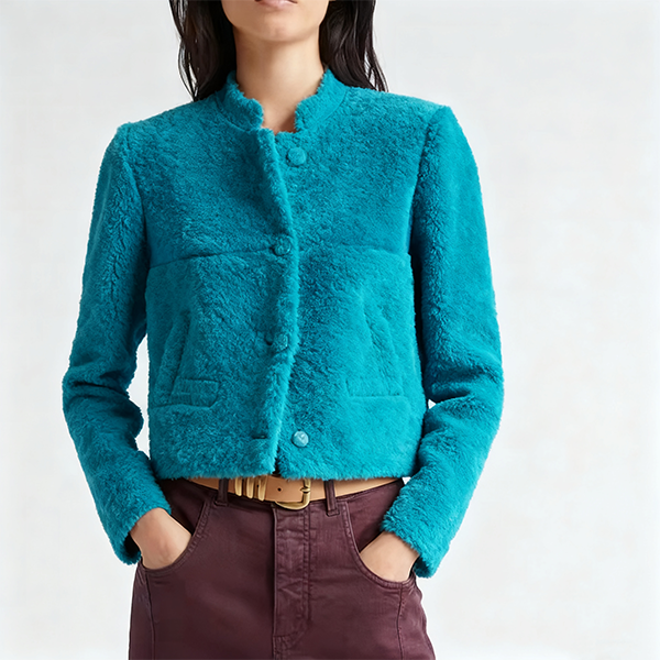 Turquoise Faux Fur Mandarin Collar Cropped Jacket